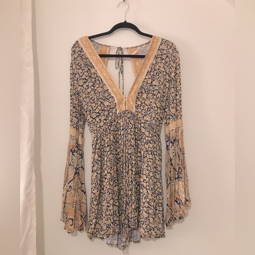 Free People romper, yellow and blue, long flowy sleeves, worn 1x